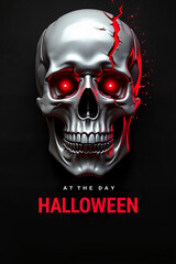 Striking silver skull with glowing red cracks centered against a pitch-black background, evoking a modern Halloween theme, dark elegance concept.
