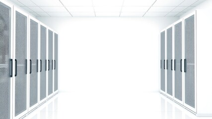 Fototapeta premium Clean, Modern Data Center Server Room with White Walls and Metal Cabinets