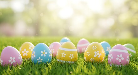 Fototapeta premium Pastel Easter eggs nestled in vibrant green grass, a springtime celebration of new life and hope, bathed in soft sunlight.