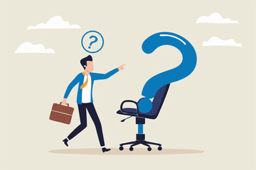Search for new job position, career path or employment vacancy, change job decision or work opportunity, recruitment or hiring concept, businessman candidate thinking with office chair question mark.
