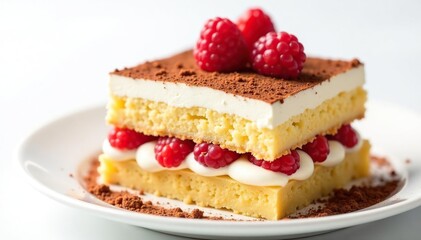 Individual tiramisu portion, close-up, white background , ladyfinger, deliciousness, coffee flavor