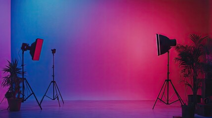 Studio setup with vibrant lighting and plants