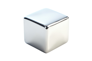 Polished silver cube rests on a pristine white surface, reflecting light in an elegant way