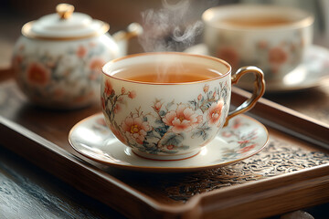 Fototapeta premium Steaming Tea Moment: An inviting close-up captures a cup of freshly brewed tea, emitting gentle steam, set beside a matching teapot and cup, the whole ensemble resting on a wooden tray.