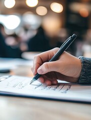 Close-up of a hand writing on a clipboard