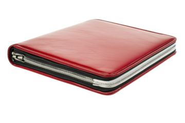 Red leather binder on white background highlights elegant design and craftsmanship
