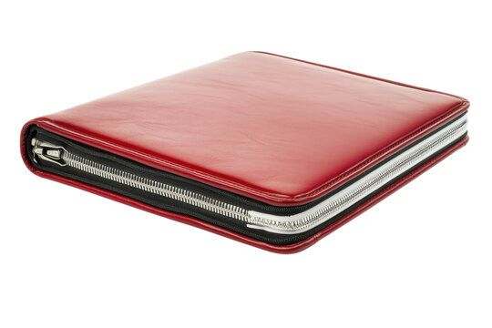 Red leather binder on white background highlights elegant design and craftsmanship