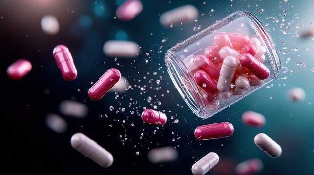A vibrant array of pills spills from an open container, demonstrating the vitality and variety of modern pharmaceuticals, showcasing the importance of health and wellness representation visually.