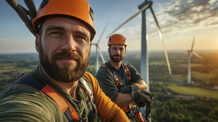 Obraz premium Two skilled technicians stand proudly amidst towering wind turbines, symbolizing innovation and sustainability in renewable energy, their expressions reflecting determination and teamwork in a greene