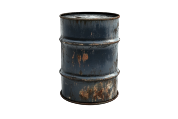 Weathered metal barrel resting on a clean white background, showcasing years of wear and tear