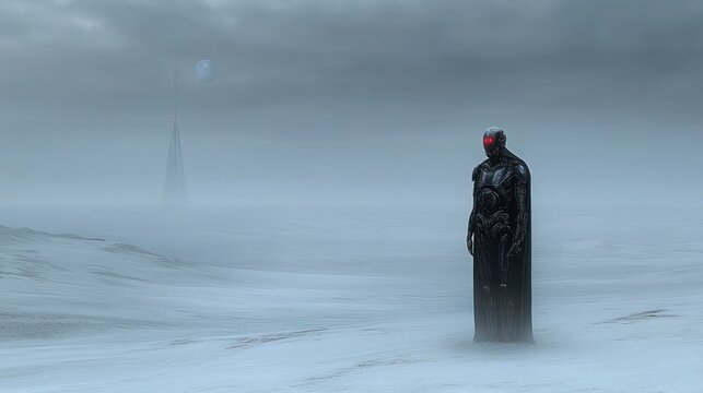 Solitary Sentinel: A Robot in a Desolate, Foggy Landscape