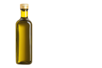 A beautifully crafted glass bottle of olive oil glistening under soft light on a clean surface