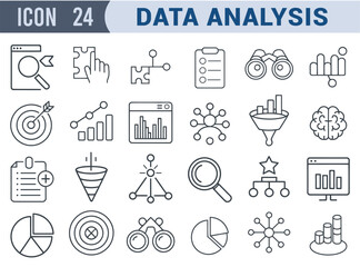 Data Analysis Icon Set with Line Style Graphs Charts Reports and Business Intelligence Tools for Infographics and Dashboards