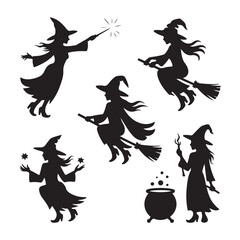  Set of Witch Silhouettes in Various Magical Poses with Broomsticks, Cauldrons, and Crystal Balls – Halloween Witchcraft Vector Icons for Spooky Design Themes