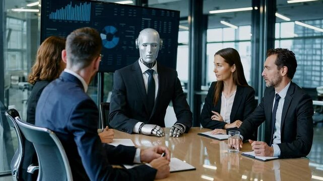 Robot humano&iuml;de en costume discutant avec une &eacute;quipe de cadres pendant une r&eacute;union dans une salle de conf&eacute;rence moderne, concept d&rsquo;IA dans le monde de l&rsquo;entreprise