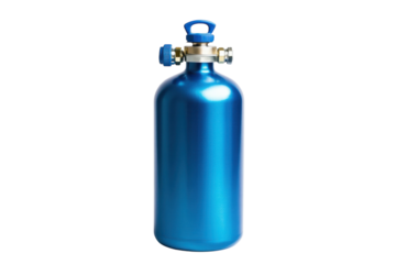A vibrant blue gas cylinder stands alone, reflecting light in a minimalistic indoor setting