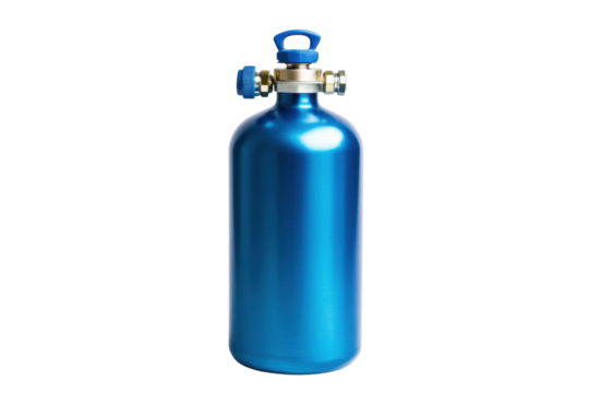 A vibrant blue gas cylinder stands alone, reflecting light in a minimalistic indoor setting