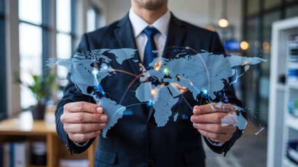 Global Vision: A businessman in a formal suit holds a transparent globe showcasing global connections, representing international business and network