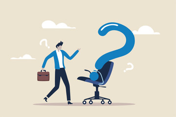 Search for new job position, career path or employment vacancy, change job decision or work opportunity, recruitment or hiring concept, businessman candidate thinking with office chair question mark.