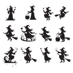  Set of Witch Silhouettes in Various Magical Poses with Broomsticks, Cauldrons, and Crystal Balls – Halloween Witchcraft Vector Icons for Spooky Design Themes