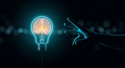 A hand reaching for a glowing lightbulb containing a brain, symbolizing the pursuit of knowledge and understanding, in a dark, mysterious setting.