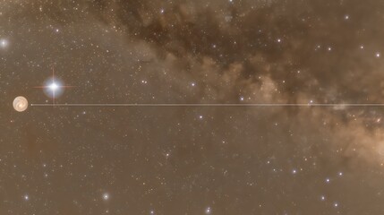 A distant planet and star system depicted across vast cosmic space