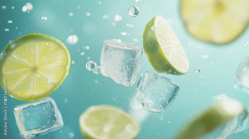 Aufkleber Refreshing lemonade with ice cubes and lime slices in a bright summer setting for a cool drink experience