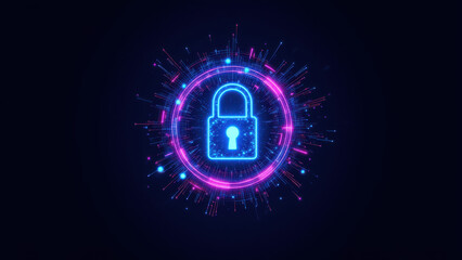 Digital lock icon with a colorful cybernetic background representing cybersecurity.