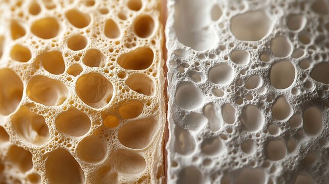  Side-by-side bone cross-section with compact healthy structure left, porous weak bone on right shows clear osteoporosis differences in density