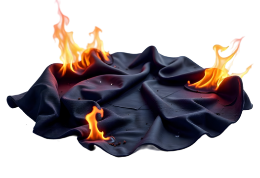 A black cloth is set ablaze with four distinct flames each varying in size and intensity against a stark transparent background
