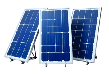 Three solar panels with white frames and blue cells arranged side by side
