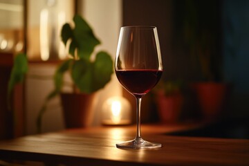 A glass of red wine sits on a wooden table with a plant and soft lighting in the background indoors