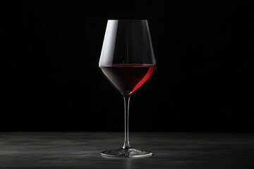 Elegant wine glass filled with red wine standing on a dark surface against a black background
