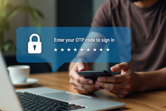 Man entering OTP code on smartphone for two factor authentication, enhancing security for online login or digital access. data protection and secured internet access.