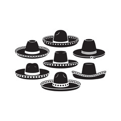  Set of Traditional Mexican Sombrero Hat Silhouettes – Collection of Cultural Headwear Icons in Black and White for Fiesta, Cinco de Mayo, and Ethnic Fashion Themes