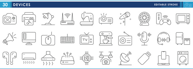 A set of line icons related to Devices. Device, console, electrical, appliances, headphones, storage, computing, and so on. Vector editable stroke.