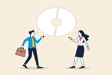 Communicate solution to solve problem, agreement, teamwork or cooperation, conversation message, meeting or discussion concept, business people communicate with connected jigsaw puzzle speech bubble.