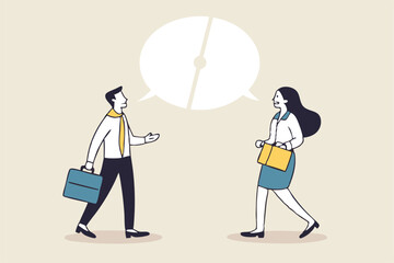 Communicate solution to solve problem, agreement, teamwork or cooperation, conversation message, meeting or discussion concept, business people communicate with connected jigsaw puzzle speech bubble.