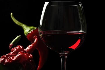 A glass of red wine with red chili peppers on a dark background in a studio setting close up view