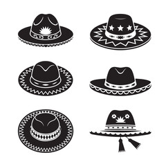  Set of Traditional Mexican Sombrero Hat Silhouettes – Collection of Cultural Headwear Icons in Black and White for Fiesta, Cinco de Mayo, and Ethnic Fashion Themes