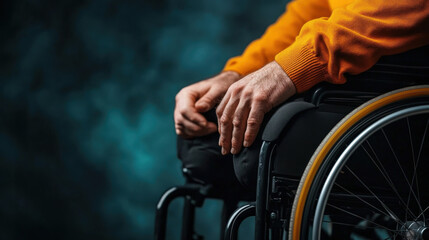 This intimate image captures hands on a wheelchair, representing the challenge against stereotypes and the perception of disability, conveying strong emotions and narratives of human experience.