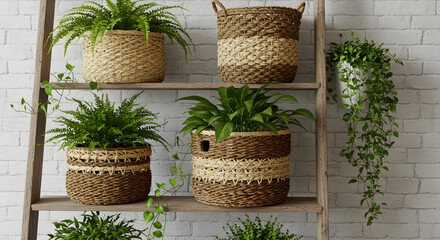 Elegant Indoor Plants Arranged on a Rustic Wooden Ladder Shelf