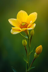 Naklejka premium Yellow wildflower in full bloom, surrounded by buds, on a blurred green background. Depicts the delicate beauty and natural elegance of blossoming flowers, highlighting nature's simplicity.