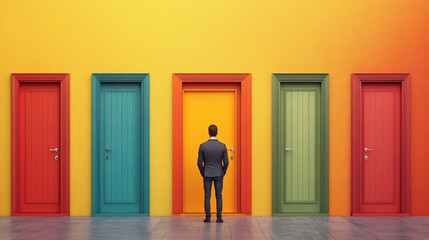 Fototapeta premium Man opening dull door after passing through colourful doors