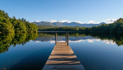 Serene lake dock, mountains reflect