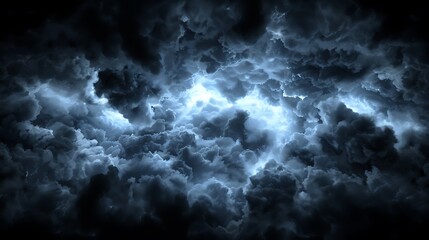 Dark storm clouds with a bright light source are visible