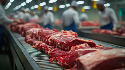 Workers in meat processing facility handle fresh cuts of beef on conveyor belt, showcasing industrial process of meat production. environment is clean and organized