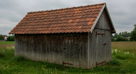 Rustic Wooden Shed with Weathered Terracotta Tile Roof in Rural Landscape