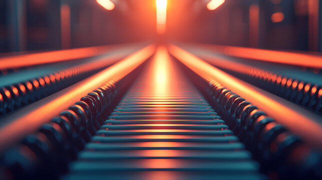 An industrial scene featuring parallel metallic tracks illuminated by warm orange light, creating a sense of depth and perspective.