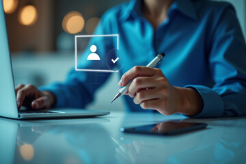 Know your customer (KYC) concept. Businessman use laptop with identity verification symbol for Increase financial security and access personal financial data. Biometrics security.